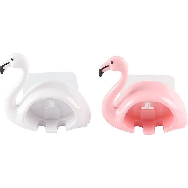 Dyretandbørsteholder til børn | Flamingoformet arrangørstativ til badeværelset | Selvklæbende vægmonteret ingen boring (2 stk, Pink+hvid)
