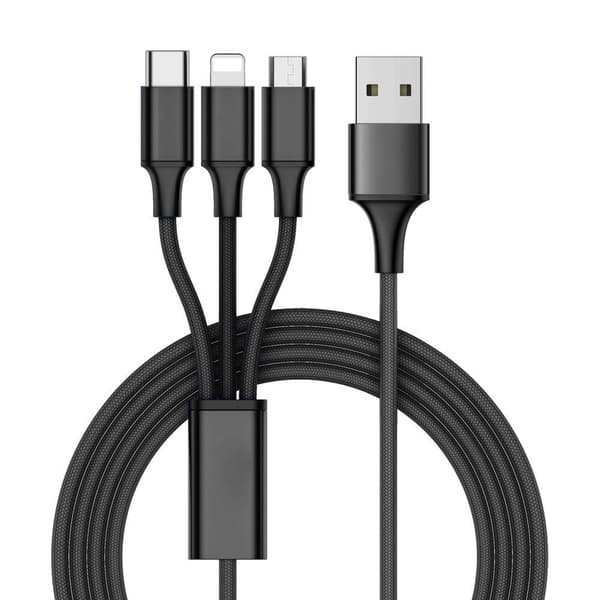 Multi-oplader til USB-C, Micro-USB, iPhone - 1,2 m Sort