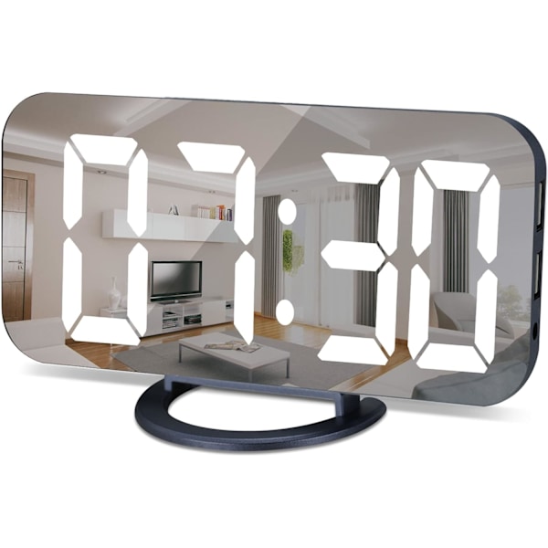 Vekkerklokke for soverom, LED og speil digital klokke med stor skjerm, med 2 USB-laderporter, automatisk dimming, snooze-funksjon, moderne skrivebord-/veggklokke Navy Blue