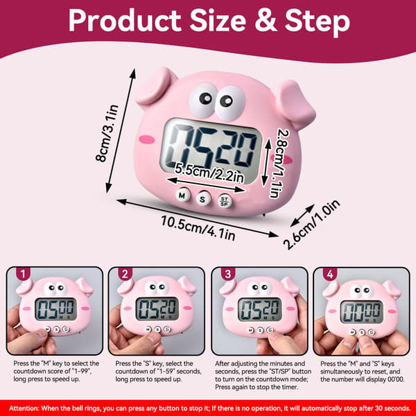 Köksklocka, digital timer i form av ett tecknat djur (gris-modell) pink