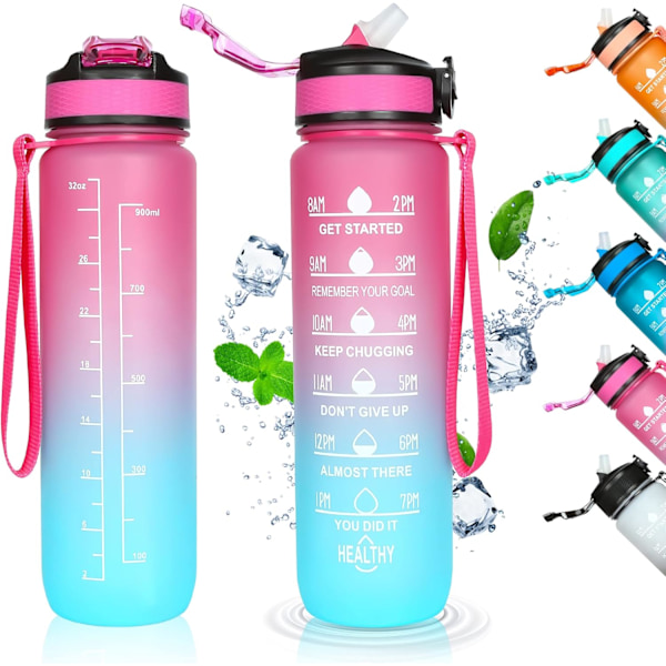 Vannflaske med tidsmarkering og sugerør, Sportsvannflasker 32oz/1000ml, BPA-fri, lekkasjesikker, Tritan-plast, motiverende stor drikkeflaske Pink Blue 1000ml