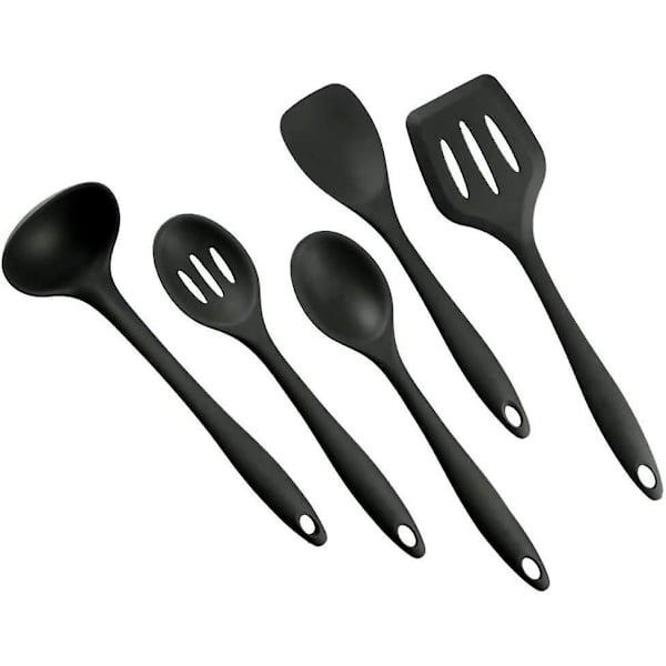 BPA-fri silikone køkkenredskabssæt - ske, øse og spartel - tåler opvaskemaskine - non-stick - varmebestandig (5 stk. sort)