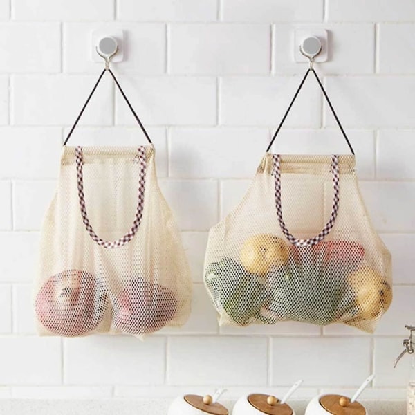 Hängande Nätförvaringsväskor Återanvändbara Frukt- och Grönsaksnätpåsar (2-pack, Beige)