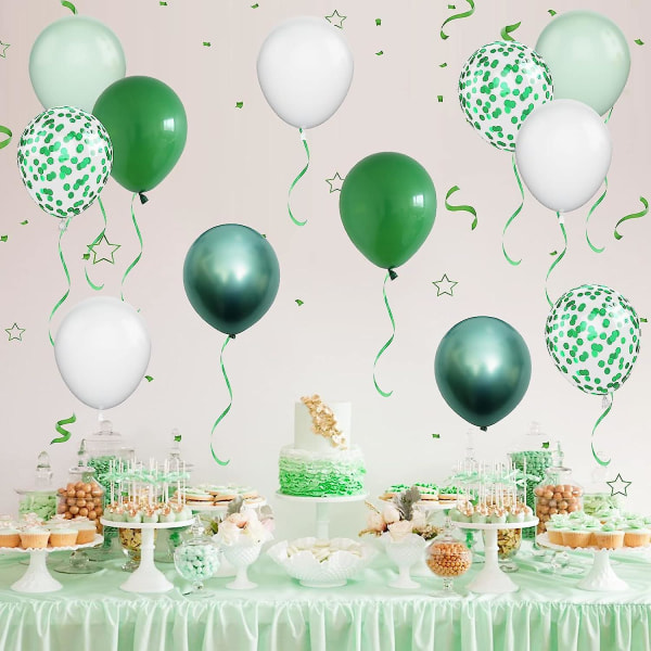 Grønne hvite ballonger, 50 stk Grønne metallballonger Konfetti hvite lateksballonger 12 tommer ballongsett med bånd til skogbursdagsfestdekorat