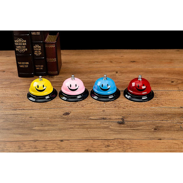 Klocka för att kalla på hjälp, 8,5 cm i diameter, metallklocka, röd smiley, skrivbordsklocka, serviceklocka