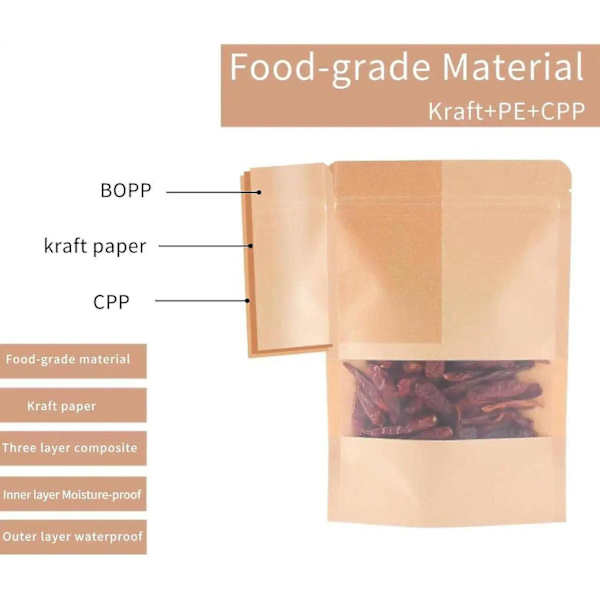 100 stk. Kraftpapirposer med lynlås og klart vindue, genanvendelige lufttætte papirposer til opbevaring af nødder, kaffebønner (10*15cm)