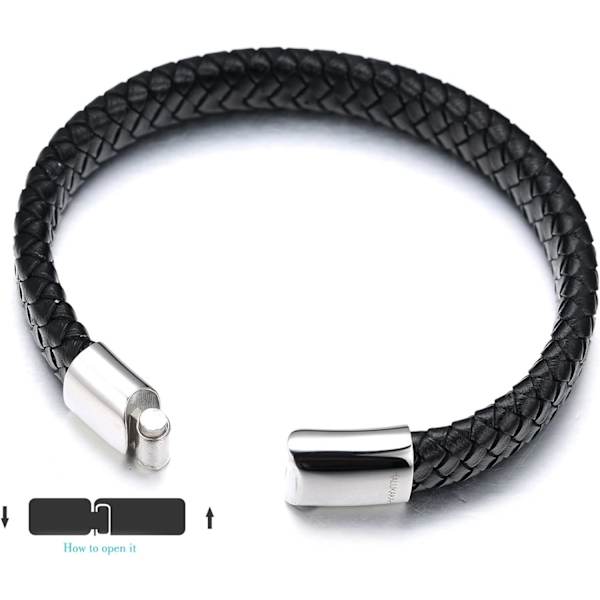 Barne-smykker ● Solo Junior ● Lær armbånd i klassisk svart/brun, for 6 til 15 år, med utsøkt gull/sølv/svart titan magneter Black Leather Silver Clasp 18cm