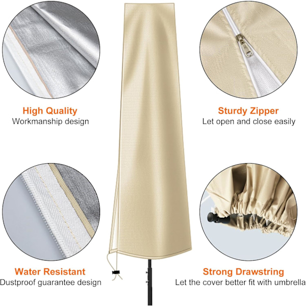 Parasol Overtræk Vandtæt 600D Oxfordstof Haveparasol Overtræk med Lynlås (190 * 30 * 50cm), til 2,5m 2,7m 3m Terrasse Udendørs Parasol (Khaki) Khaki