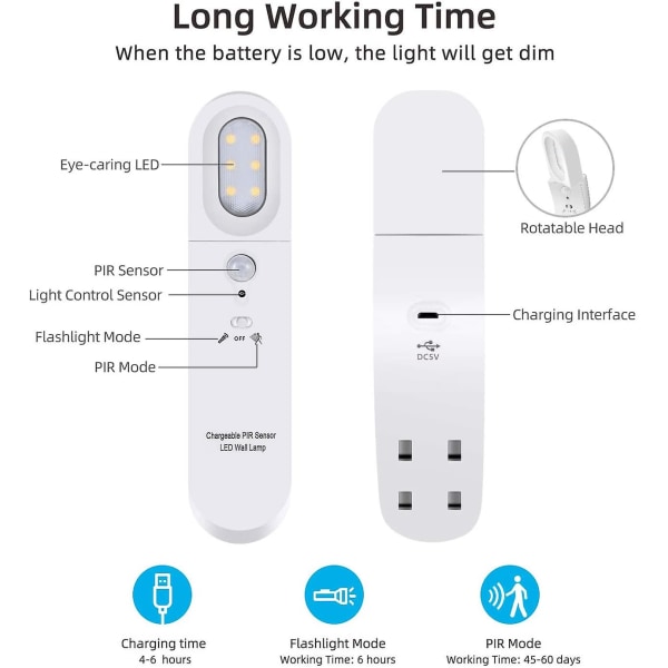 Automatiskt led nattljus 3 lägen USB laddningsbar lampa med rörelsesensor Lampa för hall Garderob Skåp Garderob Trappor Varm vit