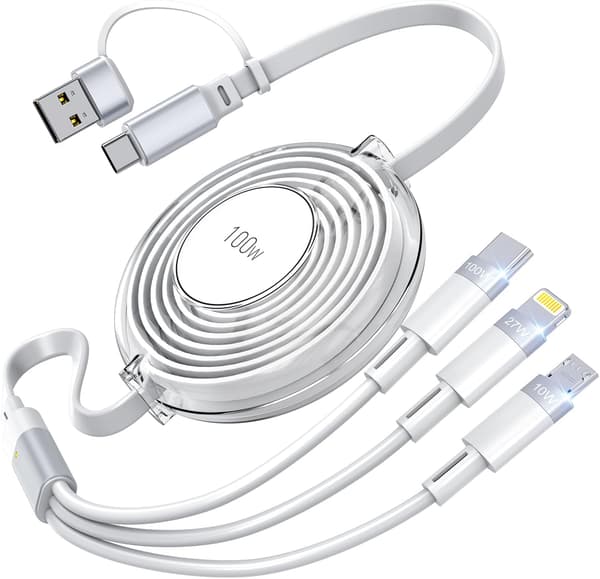 3-i-1 Multi-ladekabel, innebygd iPhone-lader, 100W hurtiglading USB-C/A til Lightning/USB-C/Micro USB telefonladekabel White