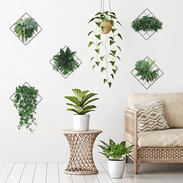 Magisk 3D-effekt Levende Grønne Planter Monstera Blad Ivy Grid Veggdekor Klistremerke, Vinyl Fjernet Grønne Blad Veggklistremerker for Soverom Stue Kontor Green