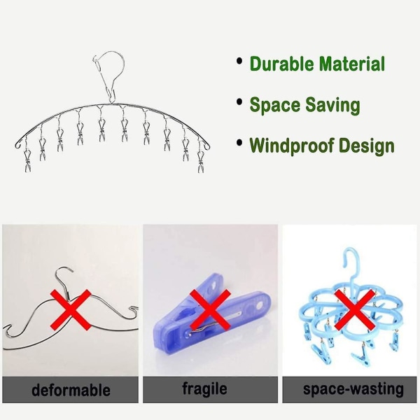 Hængende Tøjstativ Rustfrit Stål Sok Hanger Tørrestativ Hanger Med 10 Klips Til Tøjbleer, BH'er, Håndklæde, Underbukser (2 Stk)