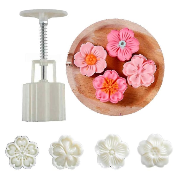 Blommig Månkakaform Set med 4 st Kakstämplar, DIY Handpressad Kakor