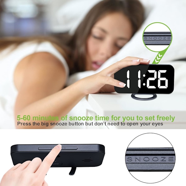 Vekkerklokke for soverom, LED og speil digital klokke med stor skjerm, med 2 USB-laderporter, automatisk dimming, snooze-funksjon, moderne skrivebord-/veggklokke Navy Blue