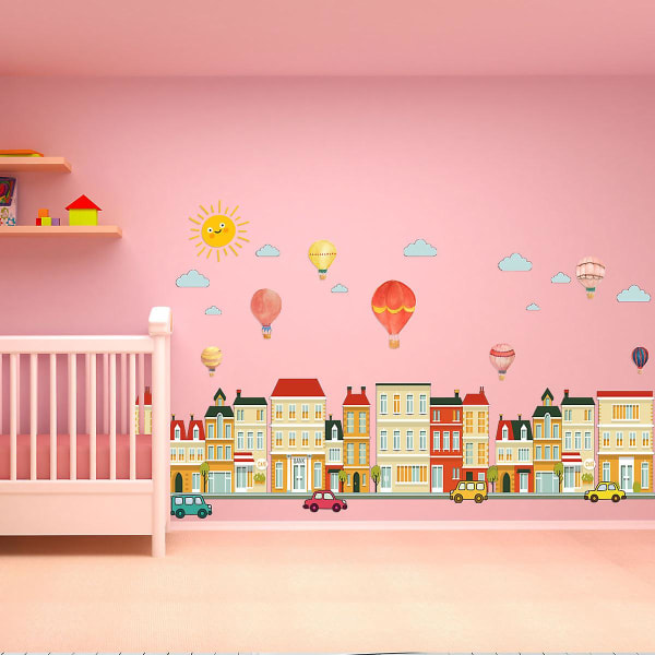 Byggnad, bil, ballong, stad, tapeter, personlighet, barnrum, dagis, kreativ dekorativ vägg, klistermärke
