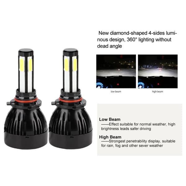 2 stk 9005/H10/HB3 COB LED frontlykter 80W 6000K Hvit 4-sidig frontlykt med kjølevifte