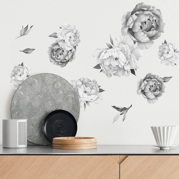 Peony Watercolor Wall Decals - Peony Decor Flowers Wall Decals Black and White Watercolor