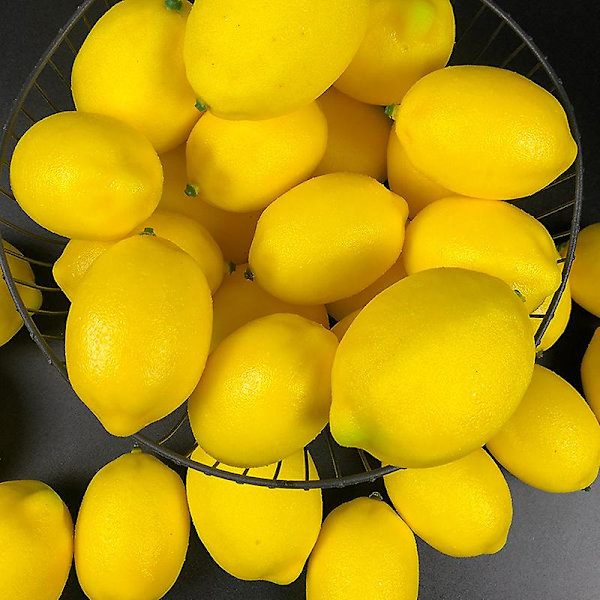 12 st konstgjorda citroner, simulerade frukter, realistiska falska citroner och limefrukter för hemmet, köksbord, vasfyllning (12 gula citroner)