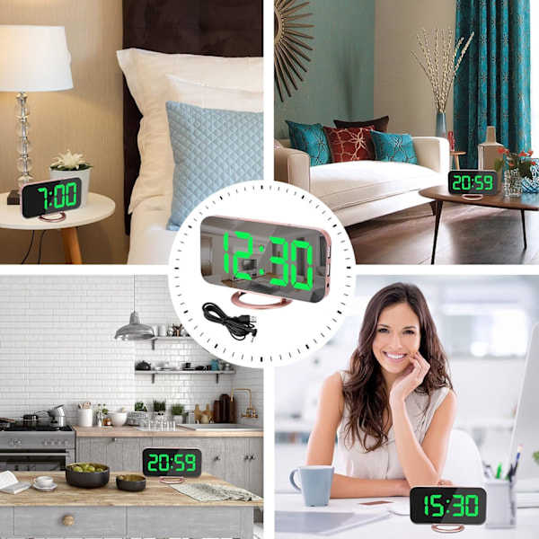 Digital väckarklocka, 6,5 tum stor LED-spegelklocka, med 2 USB-laddningsportar, automatisk dimmer, 12/24H, modern skrivbordsklocka för hem, sovrum, kontor Rose Goldgreen