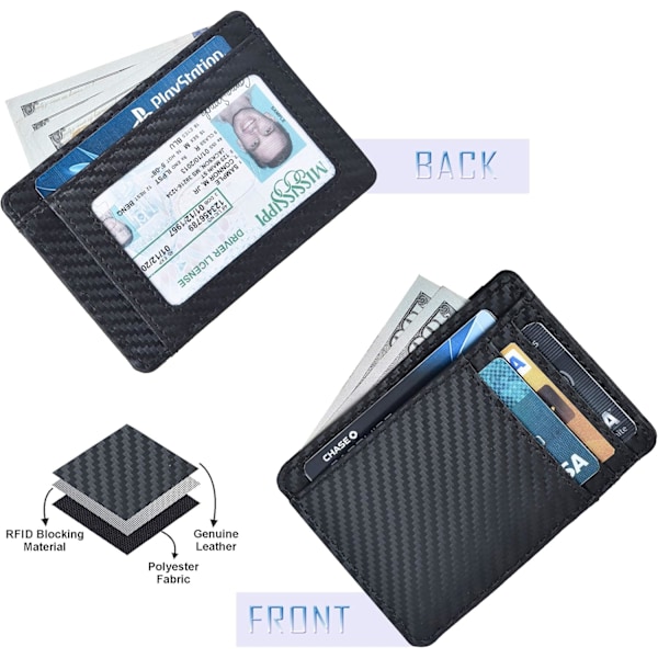 Läderplånbok för män och kvinnor - RFID-plånbok Slim Kreditkortshållare 1 ID-fönster Tunna plånböcker Framficka Ebony