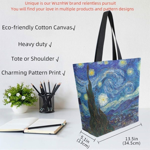 Vincent Van Gogh Canvas Art Tote Bag, Stor Dame Skulder Bag Håndveske, Shopping Tote Bag, Gjenbrukbar Starry Night