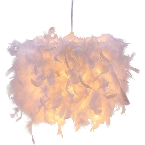 Fjerlampeskærm, fluffy lampeskærme til loftet, fjerlet lyskærm til loft, stor, hvid lampeskærm med ægte fjer, 30 cm