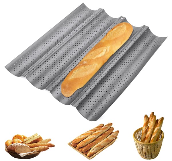 Baguette bageplade perforeret fransk brødform til 4 baguetter (sølv)