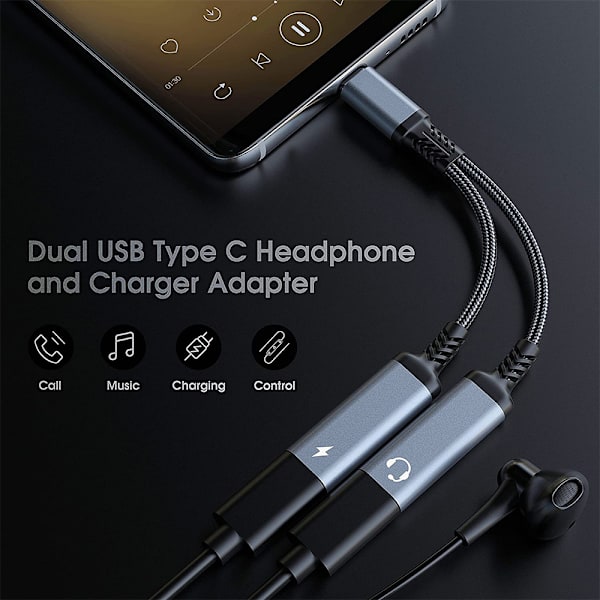 USB-C Splitter, Multifunksjonell, Lading og Hodetelefoner Samtidig