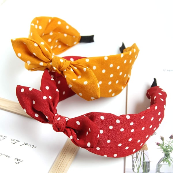 Polka Dot-hårband för kvinnor, rosett, tyghårband, knutna hårband, tvinnade huvudband, kaninöron, breda hårband, hårtillbehör, 1-pack Black&Burgundy&Yellow 3 Count (Pack of 1)