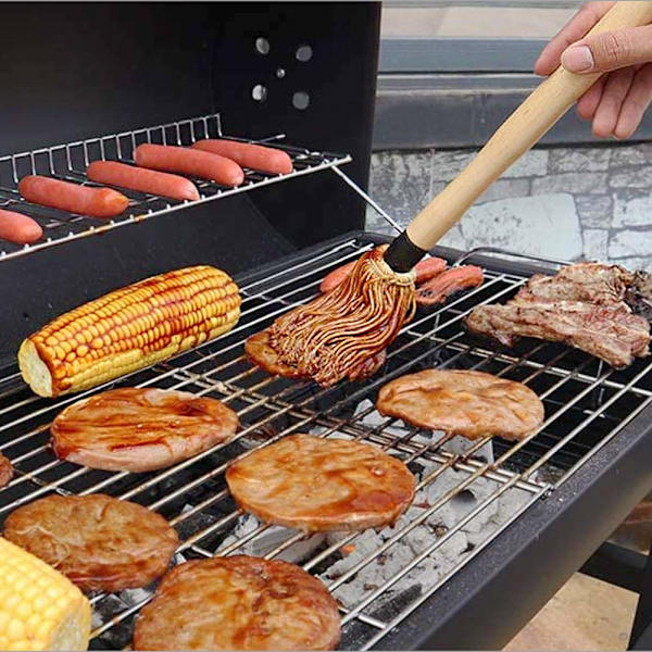 Grillbørste, 18 tommer trehåndtak med 4 ekstra utskiftbare børstehoder, bomullsmopp, for grilling og røyking av biffer
