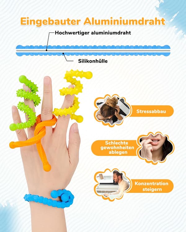 6 fleksible sensoriske silikonpinner – stresslindring (ADHD/autisme), bærbare reiseleker