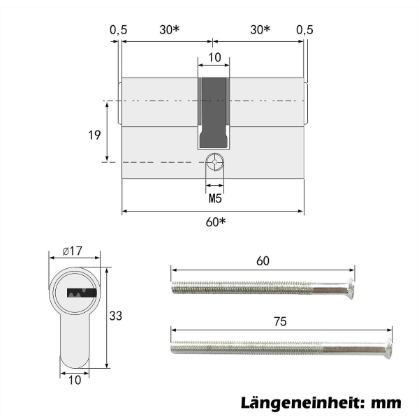 30/30 Lock Cylinder With 3 Keys, Double Cylinder Profile, Cylinder Lock, Replacement Accessory, Identical Locking Cylinder, Front Door Security Lock