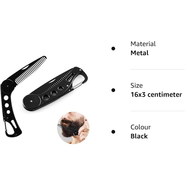 Skäggkam i rostfritt stål - Fällbar skäggkam i fickformat för hårstyling för män för hår, skägg, mustasch, herrkam för skötsel Black 16x3 centimeter