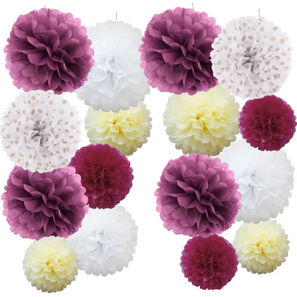 16 st blandade silkespapperspompoms, pom poms blommor handgjorda bröllopsfestdekorationer bollar, Bourgogne nyans Burgundy Shade