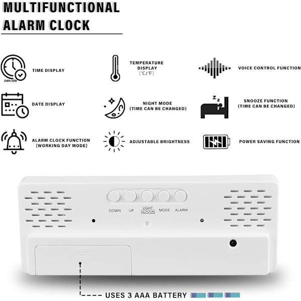 Digitaalinen herätyskello paristoilla, LED-matkaherätyskello verkkovirralla, ei tikkauksen ääntä, torkkutoiminto, lämpötila, päivämäärä, aika, kirkkaus White