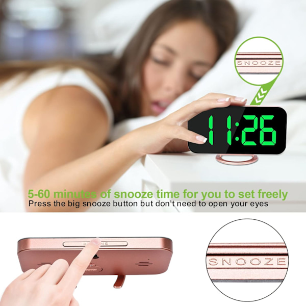 Digital väckarklocka, 6,5 tum stor LED-spegelklocka, med 2 USB-laddningsportar, automatisk dimmer, 12/24H, modern skrivbordsklocka för hem, sovrum, kontor Rose Goldgreen
