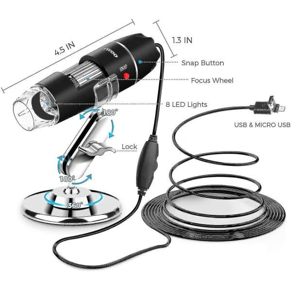 USB Microscope 8 Led USB 2.0 digitalt mikroskop, 40 till 1000x Magnificat Scope minikamera med Otg-adapter och metall D, kompatibel med Mac