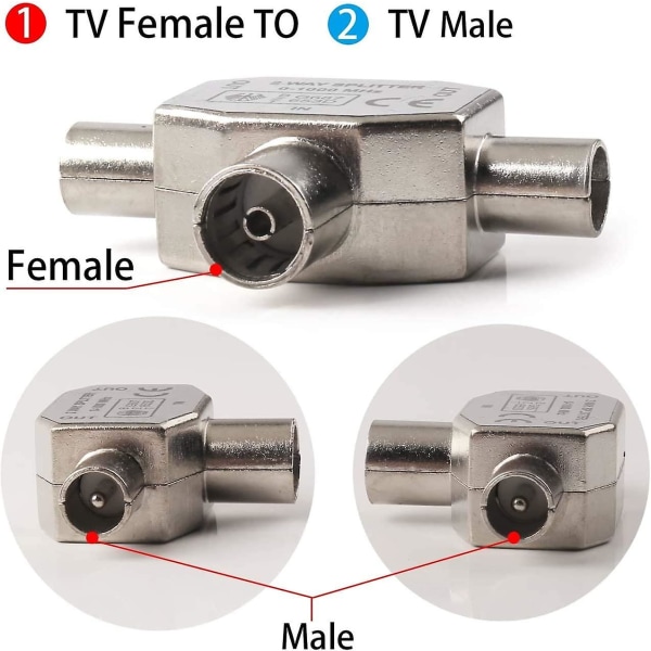 Kabel-TV-splitter Koaksial stik Koaksial digitalt signal Antennesplitter + 2 x Hun 2 x Han TV-antenne koaksialkabel-stikadapter 1 sæt