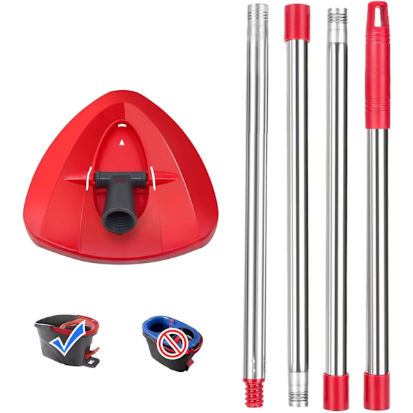 Punainen pyörivä mopin pääosa ja moppivarsi Vleda Turbo Spin 2-in-1 -säiliömoppiin, kolmion muotoinen pyörivä mopin päälevy Turbo Smart /E -moppiin Red Base,silver Handle