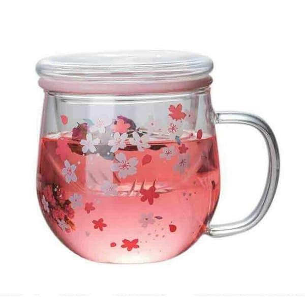 Sakura Mugg Glasmugg med Te-sil Filter & Lock Körsbärsblommor Koppset Blommor Te-kopp 300 ml Glas Dricksglas