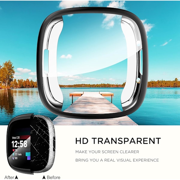 Diruite 4-pack fodral för Fitbit Versa 4/Sense 2 skärmskydd, HD stöttåligt mjukt TPU-fodral med fullständigt skydd för Fitbit Versa Black+Black+Clear+Clear
