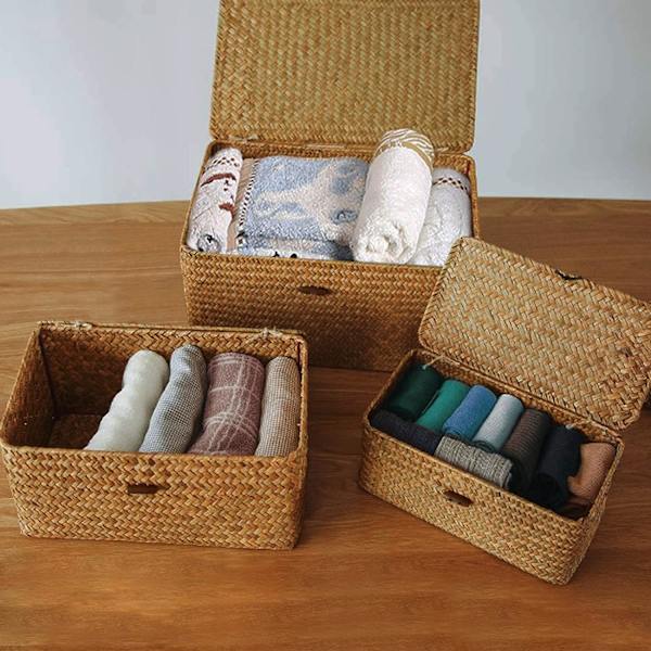 ker Opbevaringskurv Flettet Rattan Opbevaringsboks Med Låg Søgræs Vasketøjskurve Makeup Organizer Til Badeværelse, Stue, Køkken (S)