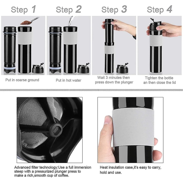 350ml Portable Coffee Press Tea Set Coffee Brewer Travel Coffee Cup (black) (h-2)