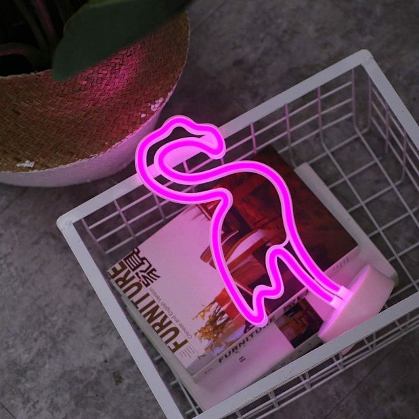 Flamingo Neonlys Skilt Rosa LED Neon Kunst Dekorativ med Holder Base Bordlampe Marquee Skilt Veggdekorasjon for Barnerom Bursdag Pinkflamingo