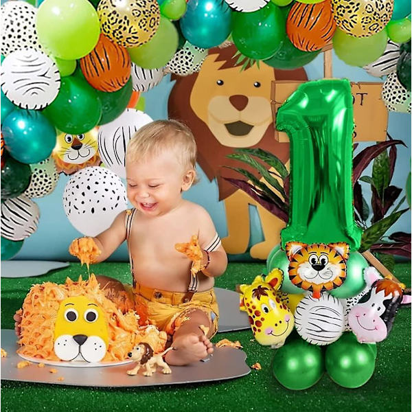 Djungel 1 år gammal pojke födelsedagsfest dekorationer, 1 år gammal baby pojke födelsedagsfest dekorationer, 1 år gammal födelsedag ballonger djur med latex djungel