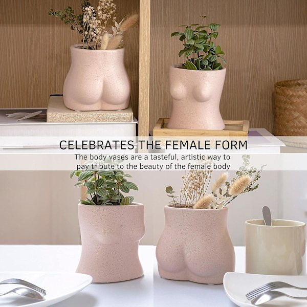 Keramiikka Butt-kukkaruukku, istutusastia viemärillä kukille, Art Lady -vaasit boho chic -koti sisustus (pohja, pilkullinen vaaleanpunainen)