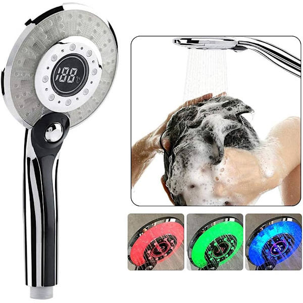 LED Digital Duschhanddusch, bärbar handdusch med 3-färgs temperaturkontroll LED-ljus 3 spraylägen Vattenbesparande dusch Multicolour