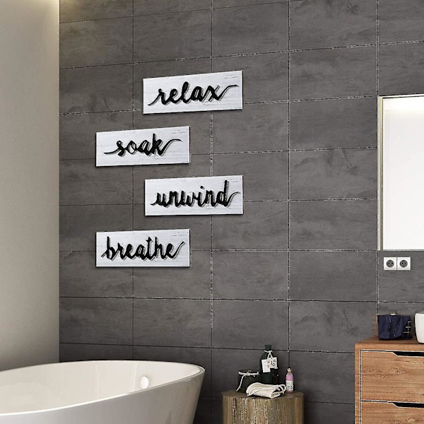 4 stycken badrumsväggskonst lantlig väggdekor Relax Soak Unwind Breathe Rustik badrum träskyltar Rolig vintage trädekor för tvättstuga