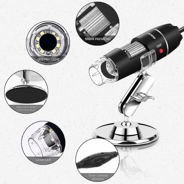 USB Microscope 8 Led USB 2.0 digitalt mikroskop, 40 till 1000x Magnificat Scope minikamera med Otg-adapter och metall D, kompatibel med Mac