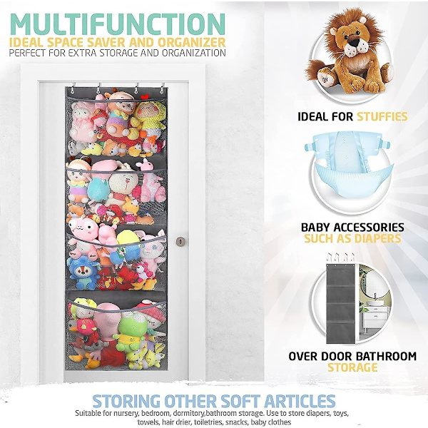Oppbevaringspose for bamse over døren - Organiser for bamser med 4 store lommer - Hengende nettposer for baby-plysjleker, soverom, barnerom, leker